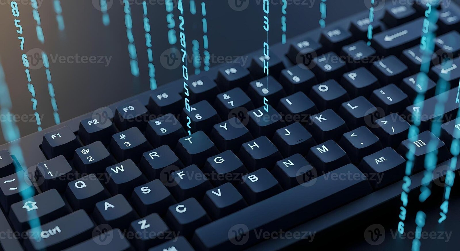 Technology Background, Computer Keyboard with Falling Binary Code, Digital Data Stream, computing photo