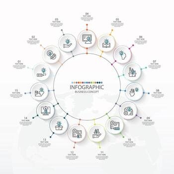 Basic circle infographic template with 15 steps. vector