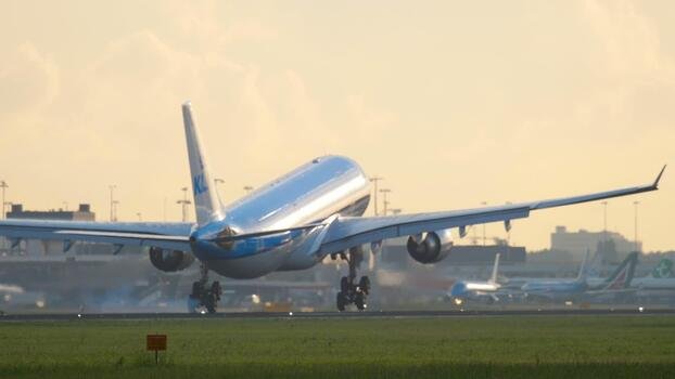 AMSTERDAM, THE NETHERLANDS JULY 25, 2017 - KLM Royal Dutch Airlines Airbus 330 PH AOC approaching before landing at runway 06 Kaagbaan at sunrise. Shiphol Airport, Amsterdam, Holland video