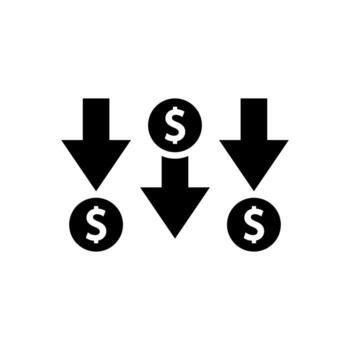 Dollar down icon. Money decrease symbol. Financial loss sign vector
